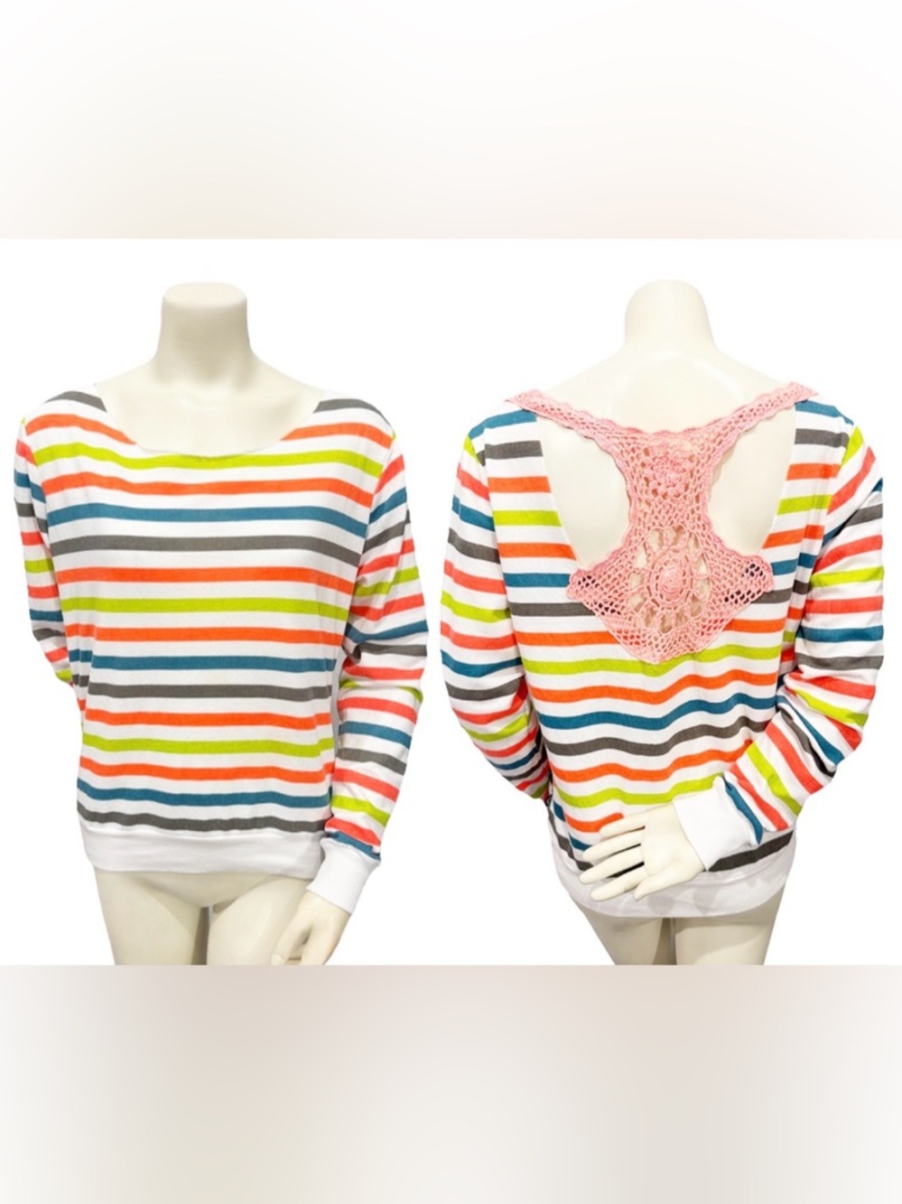 LA Kitty Striped Crochet Back Top M Multicolor Boho Long Sleeve